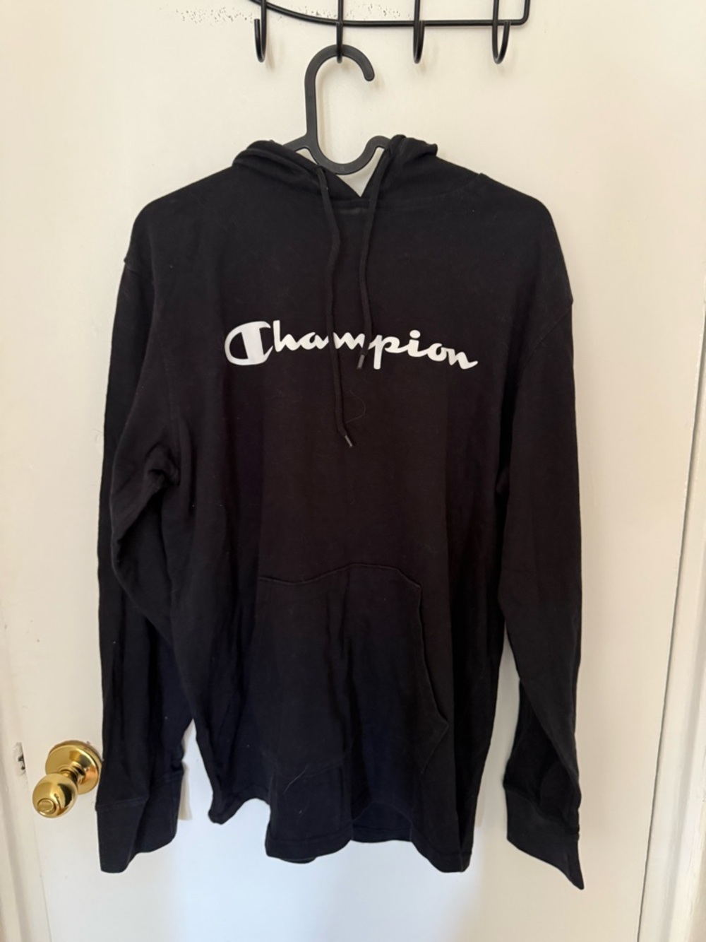 Champion Black Hoodie with White Script Logo
